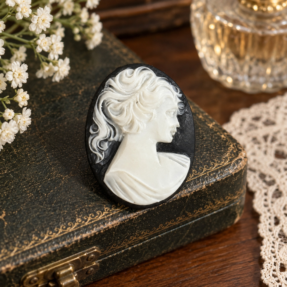 Vintage Cameo Pin Brooch 1.25" Long Black and White